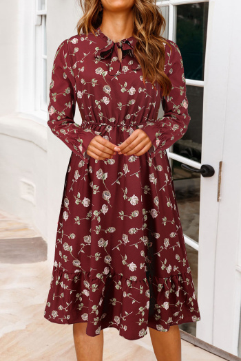 stylish slight stretch flowers batch printing long sleeve slim midi dress