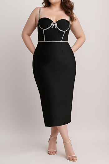 elegant plus size slight stretch rhinestone bow padded backless sling midi dress