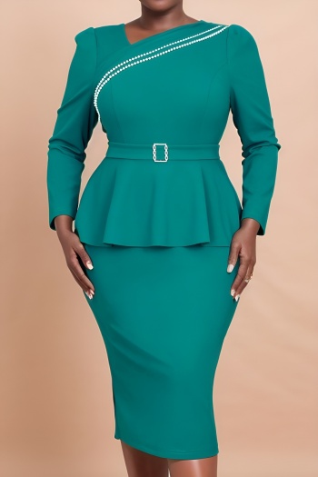 stylish plus size slight stretch pure color pearl rhinestone decor midi dress