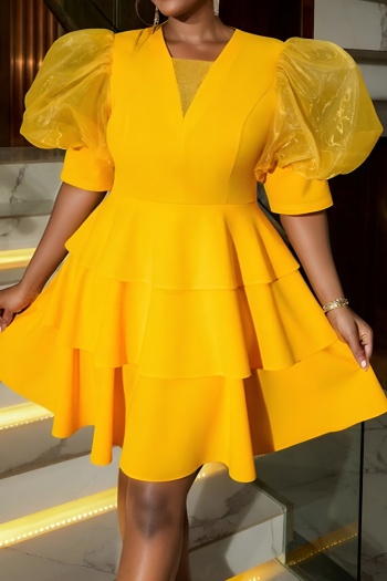 stylish plus size slight stretch pure color v-neck mesh puff-sleeve midi dress