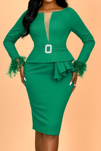 stylish plus size slight stretch mesh stitching feather decor midi dress