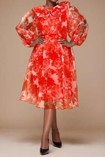 stylish plus size non-stretch tie dye ruffle puff-sleeve with lined midi dress