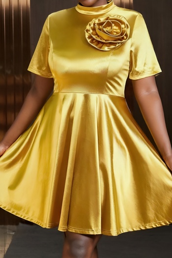 stylish plus size slight stretch pure color 3d flower decor midi dress