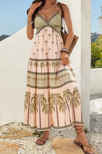 new bohemian style slight stretch coconut palm printing halterneck midi dress
