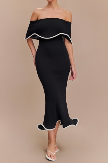 sexy slight stretch color-block off shoulder ruffle mermaid midi dress