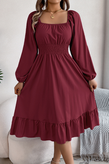 casual slight stretch patchwork 5-color square neck long sleeves midi dress