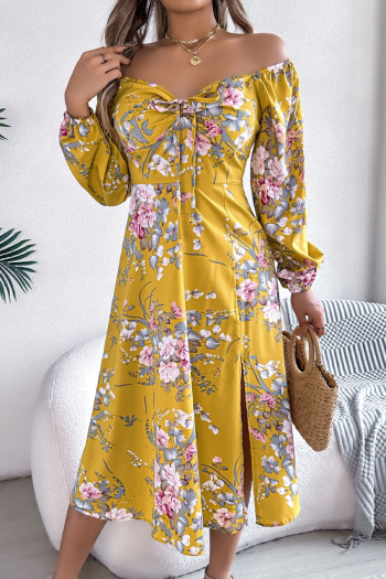 new slight stretch polyester contrast 3-color long sleeves midi floral dress