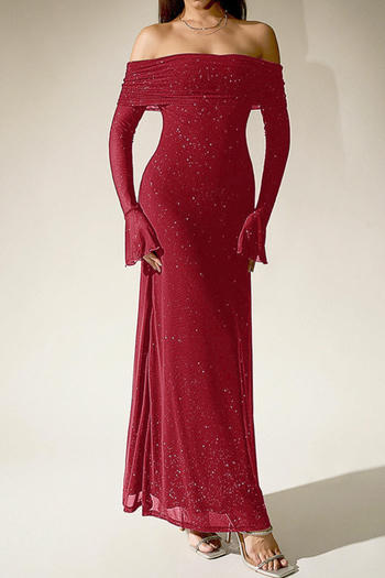 elegant slight stretch mesh 3-color off-the shoulder maxi sparkling dress