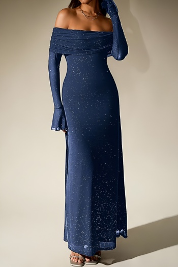 elegant slight stretch mesh solid color off-the shoulder maxi sparkling dress