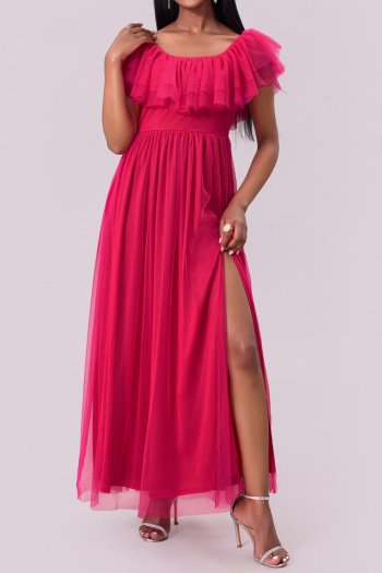 elegant non-stretch solid color chiffon slit pleated maxi dress
