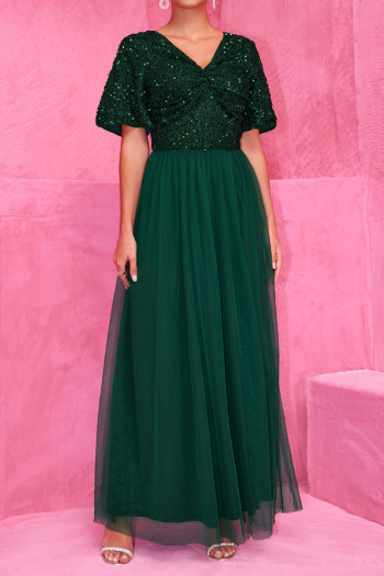 elegant non-stretch mesh splicing sequins short sleeve slit maxi dress