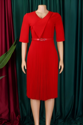 Stylish plus size slight stretch 4 colors with belt pleated midi dress
