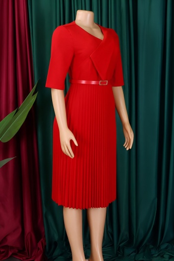Stylish plus size slight stretch 4 colors with belt pleated midi dress