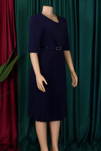 Stylish plus size slight stretch 4 colors with belt pleated midi dress