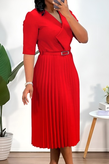 Stylish plus size slight stretch 4 colors with belt pleated midi dress