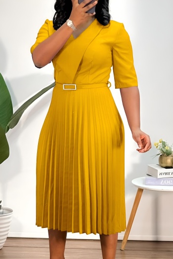 Stylish plus size slight stretch 4 colors with belt pleated midi dress