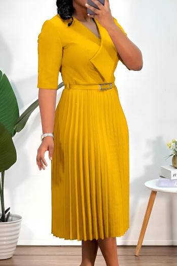 Stylish plus size slight stretch 4 colors with belt pleated midi dress