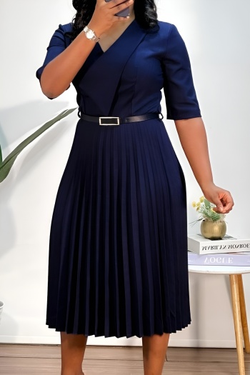 Stylish plus size slight stretch 4 colors with belt pleated midi dress