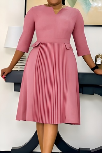 stylish plus size stretch 5 colors three-quarter sleeve pleated midi dress