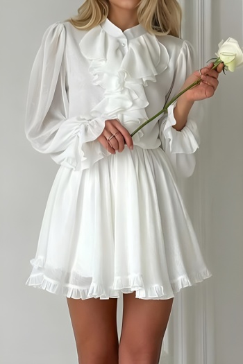 new non-stretch white patchwork ruffle long sleeve mini dress
