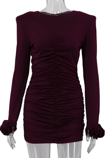 New slight stretch solid color pleated shoulder pads included mini dress