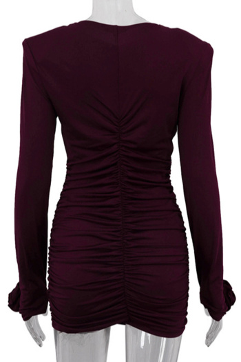 New slight stretch solid color pleated shoulder pads included mini dress