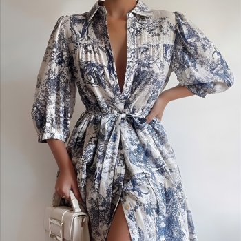 New non-stretch landscape printing puff sleeves lace-up mini dress (with belt)