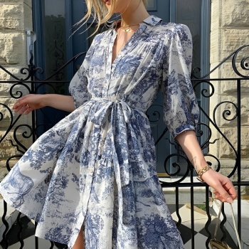 New non-stretch landscape printing puff sleeves lace-up mini dress (with belt)