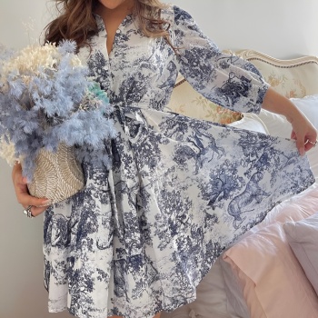 New non-stretch landscape printing puff sleeves lace-up mini dress (with belt)