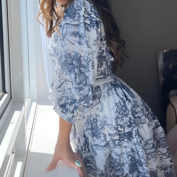 New non-stretch landscape printing puff sleeves lace-up mini dress (with belt)