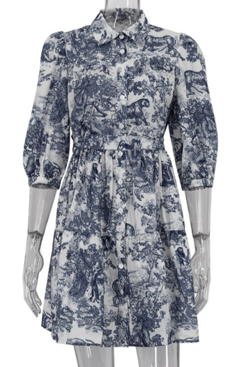 New non-stretch landscape printing puff sleeves lace-up mini dress (with belt)