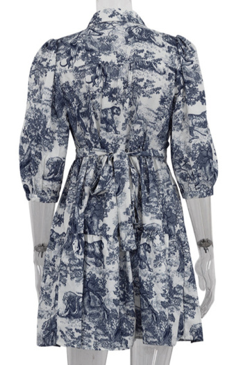 New non-stretch landscape printing puff sleeves lace-up mini dress (with belt)
