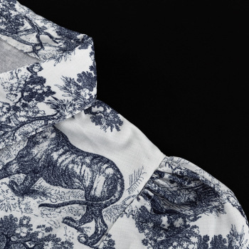 New non-stretch landscape printing puff sleeves lace-up mini dress (with belt)