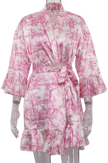 Casual non-stretch contrast color satin landscape printing lace-up mini dress (with belt)