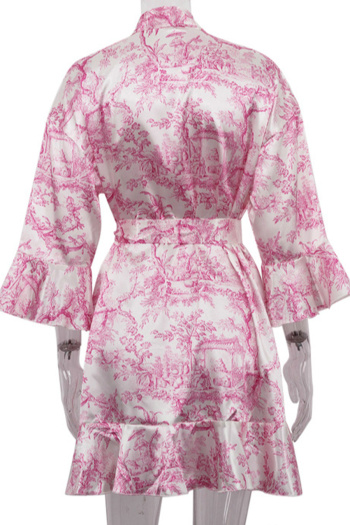 Casual non-stretch contrast color satin landscape printing lace-up mini dress (with belt)
