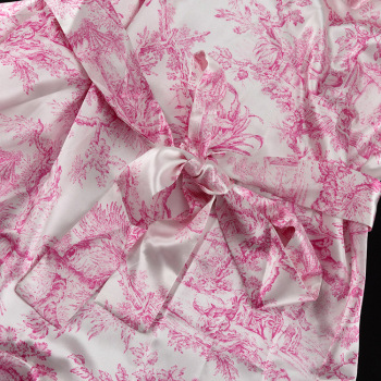 Casual non-stretch contrast color satin landscape printing lace-up mini dress (with belt)