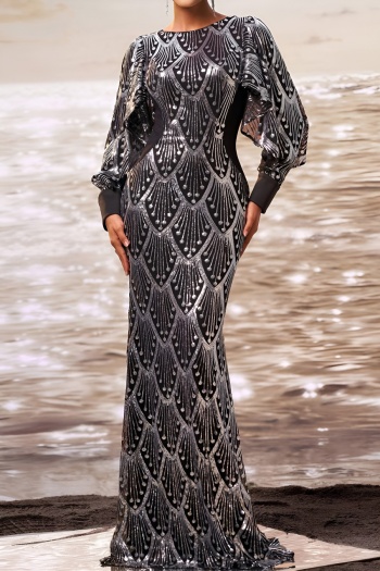 elegant slight stretch sequin decor padded puff-sleeve mermaid maxi dress