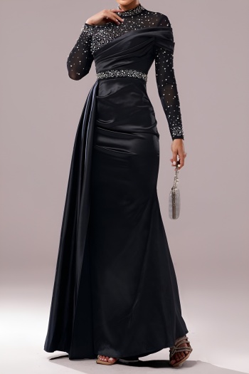 elegant stretch see through mesh stitching rhinestone pearl padded maxi dress
