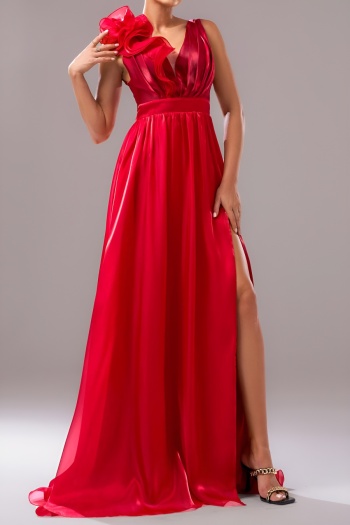 elegant slight stretch 3d flower decor padded v-neck backless maxi dress