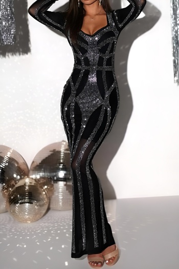 new plus-size patchwork black long sleeves maxi sparkling dress
