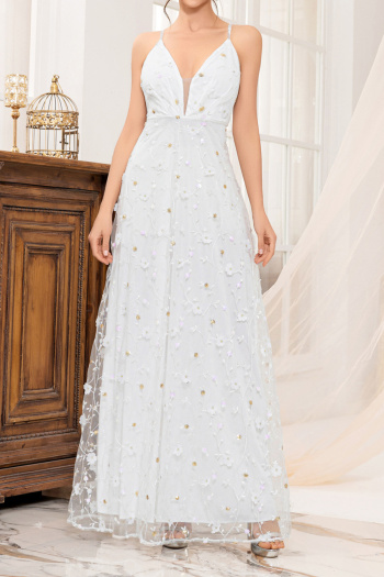 elegant non-stretch flower decor mesh sling backless maxi evening dress