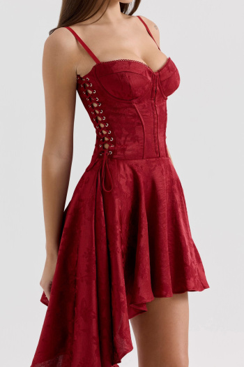 casual non-stretch sling printed lace-up asymmetric hem midi dress