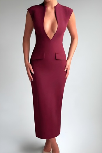 stylish slight stretch pure color v-neck midi dress