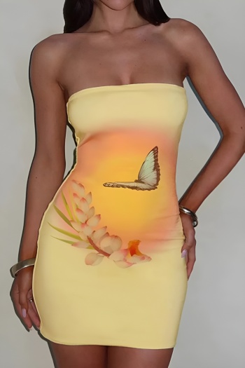 sexy slight stretch butterfly positioning print tube design bodycon mini dress