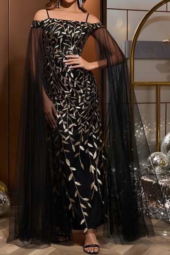elegant non-stretch embroidery leaves slim fit maxi evening dress