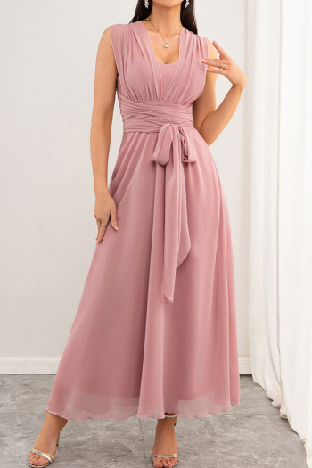 elegant non-stretch chiffon solid color v-neck maxi dress