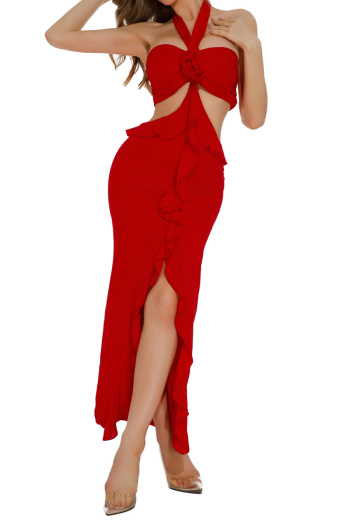 elegant stretch solid color halter neck hollow backless slit slim maxi dress
