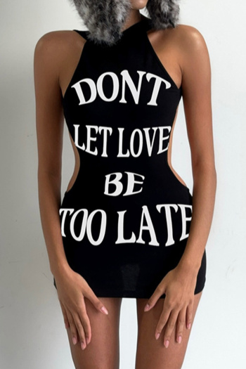 casual slight stretch letter print tight fit waist hollow mini dress