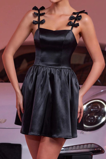 elegant slight stretch solid color bow-knot decor mini dress