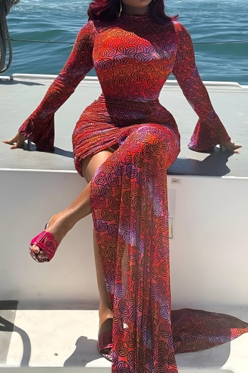 casual slight stretch crew neck batch printing maxi dress